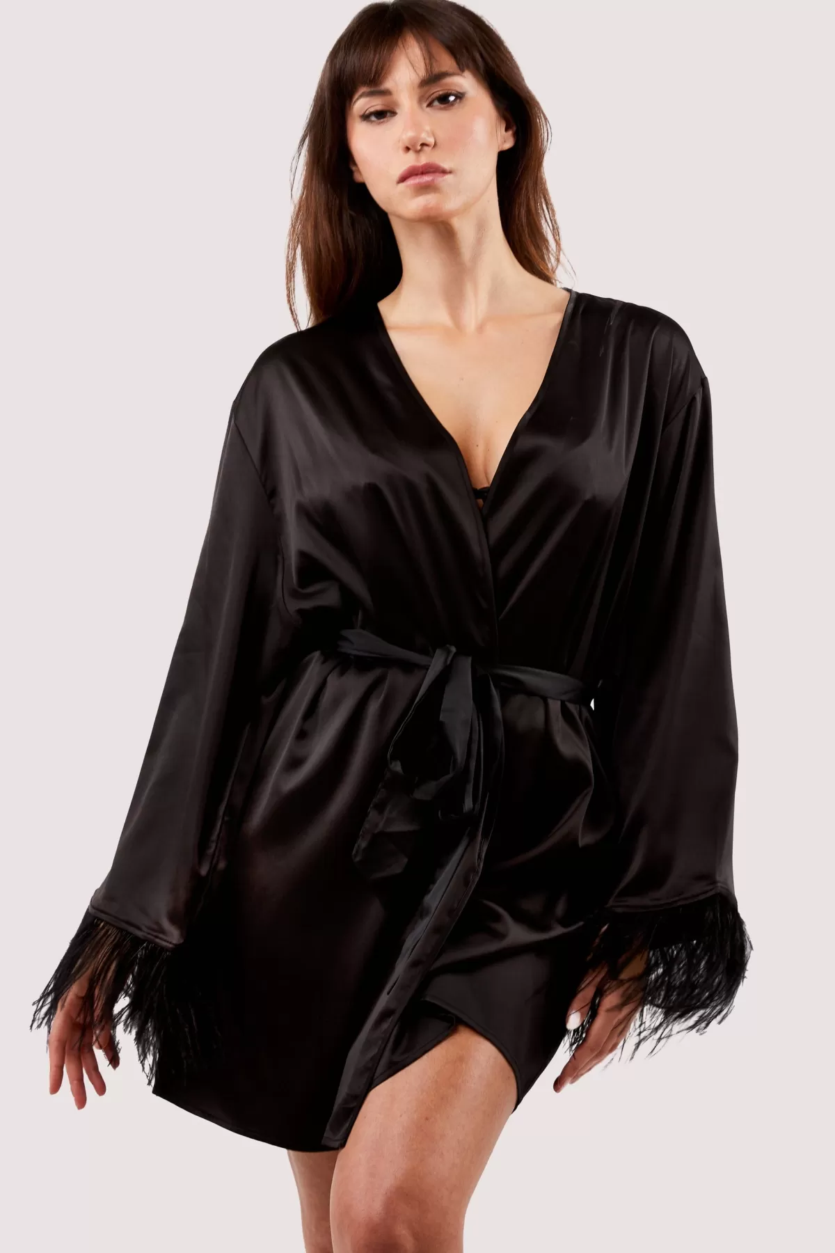 Best Sally's Toy Sirus Black Satin & Feather Kimono - (S\/UK10)