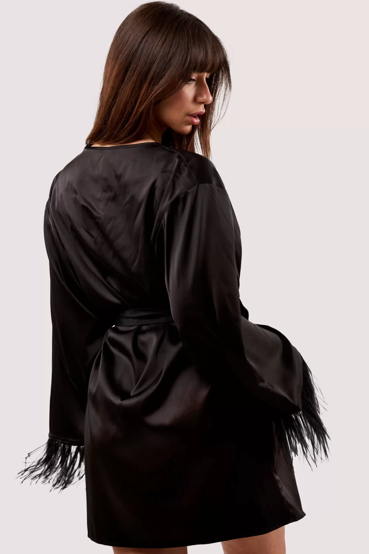 Best Sally's Toy Sirus Black Satin & Feather Kimono - (S\/UK10)